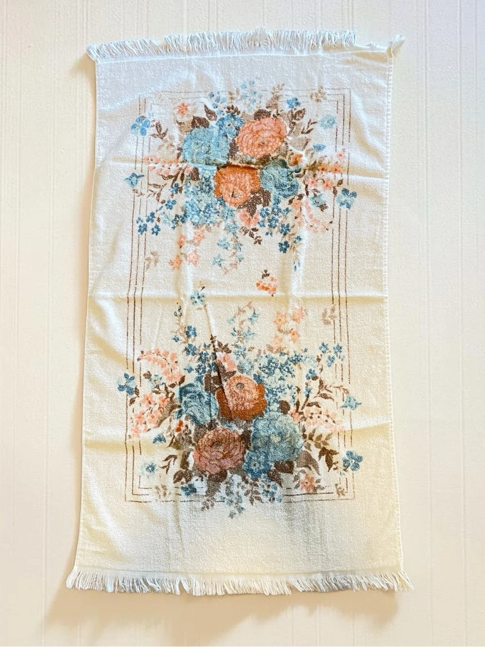 Vintage 1970s Floral Bath Towel Fringe Blue Peach Rose Cottagecore 42x20